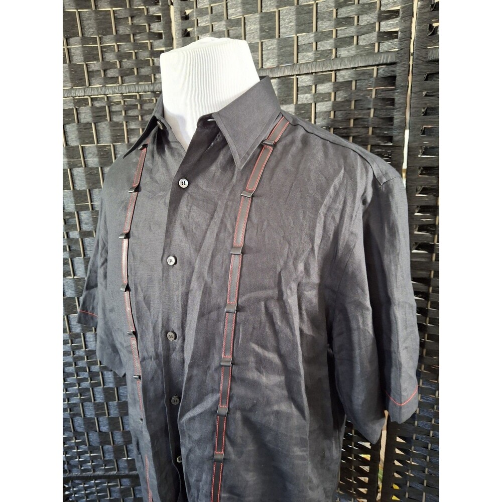 Cortigiani Linen Button Front Shirt Leather Vintage Mens 54 XL Gangster Mob Boss